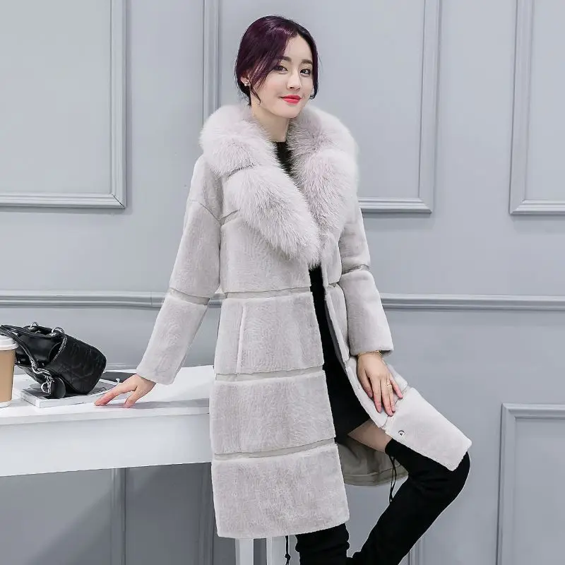 Winter Korean Version Women\'s New Faux Sheep Shearing Fur Coat Medium Length Faux Fur Collar Coat Office Lady Traf Parkas