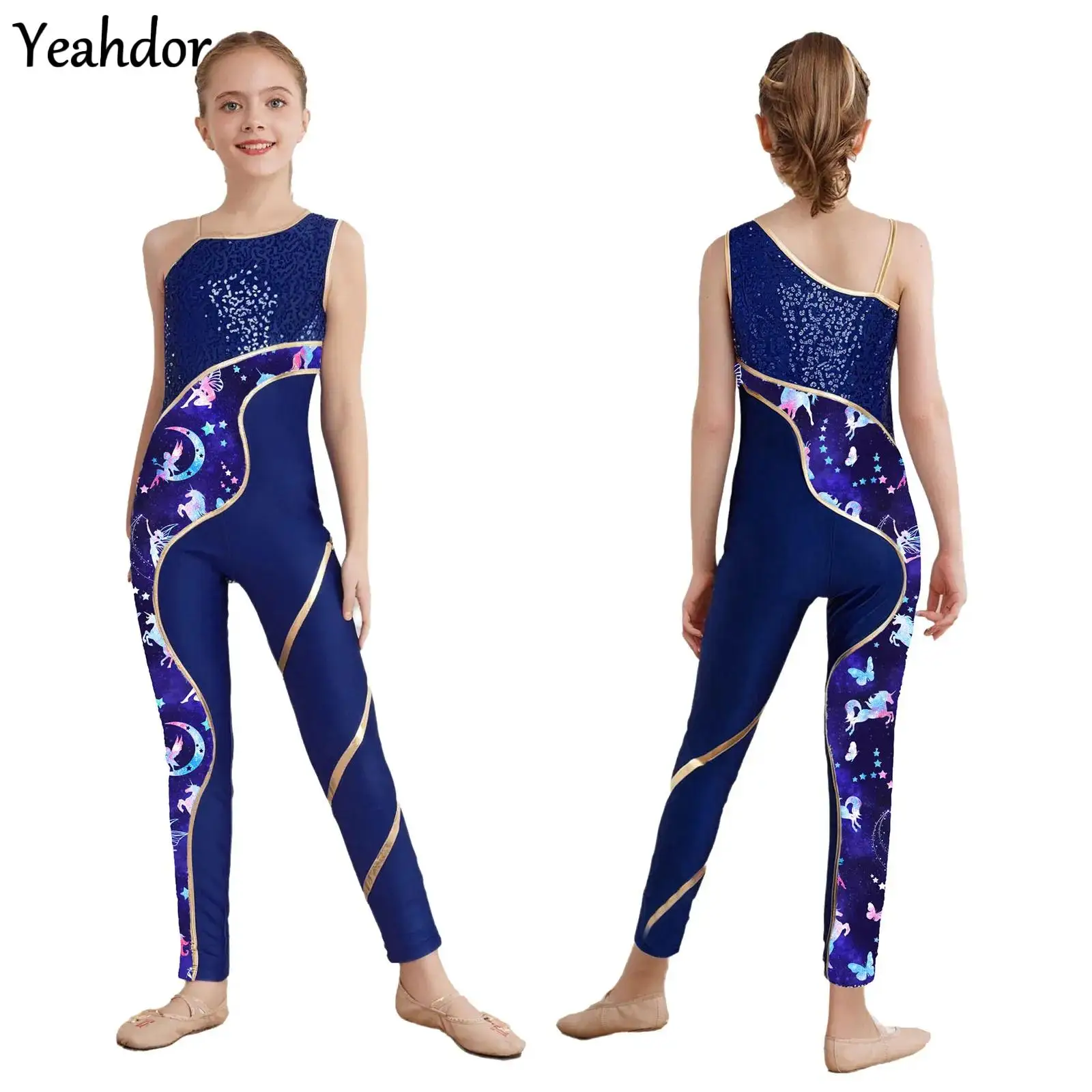 

Girls Sleeveless Gymnastic Jumpsuit Shiny Sequins Print Full Length Leotard Bodysuit Ballet Dance Unitard Skating Yoga Workouts