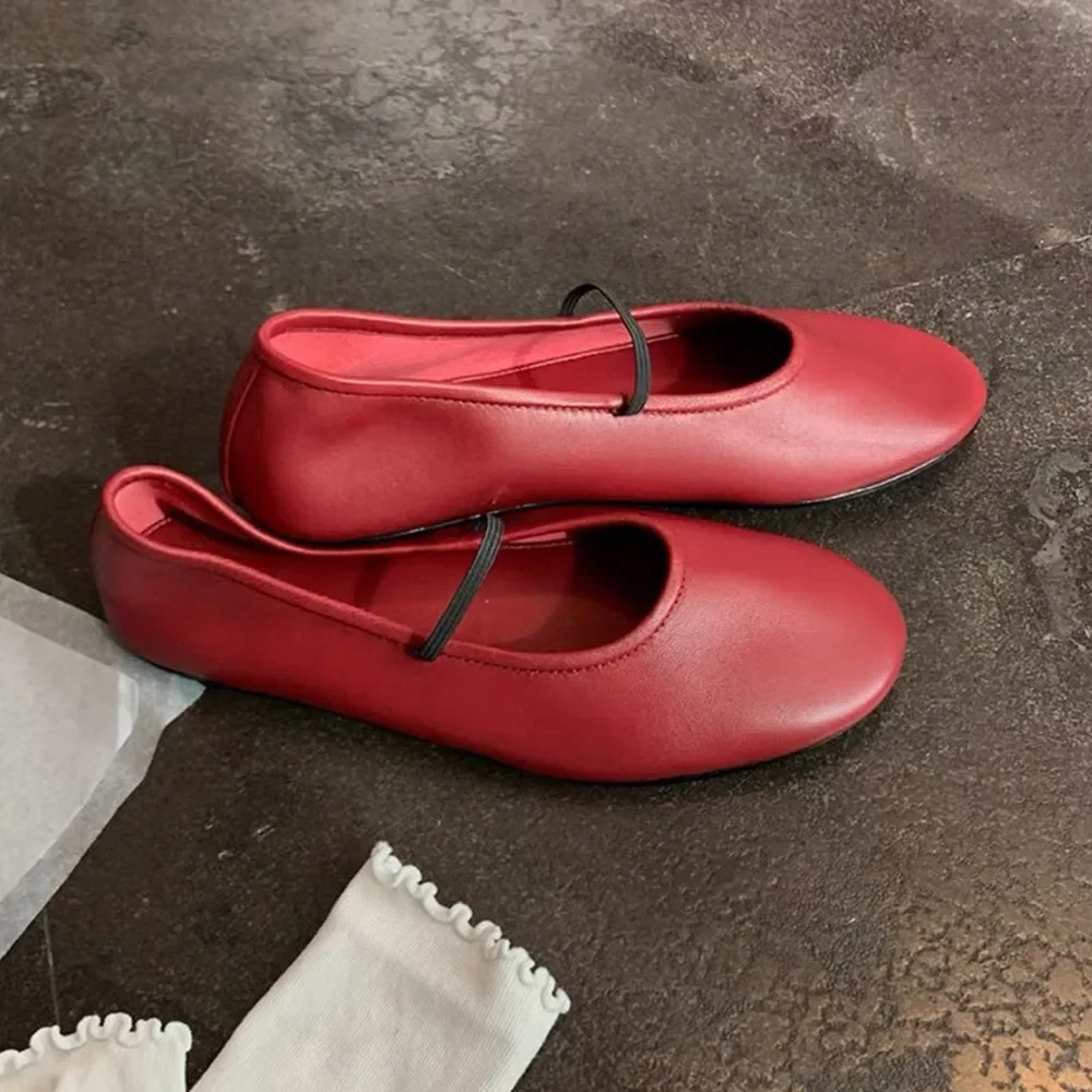 Zapatos planos de Ballet de piel auténtica para mujer, calzado negro elegante con correa elástica, Mary Jane, alta calidad