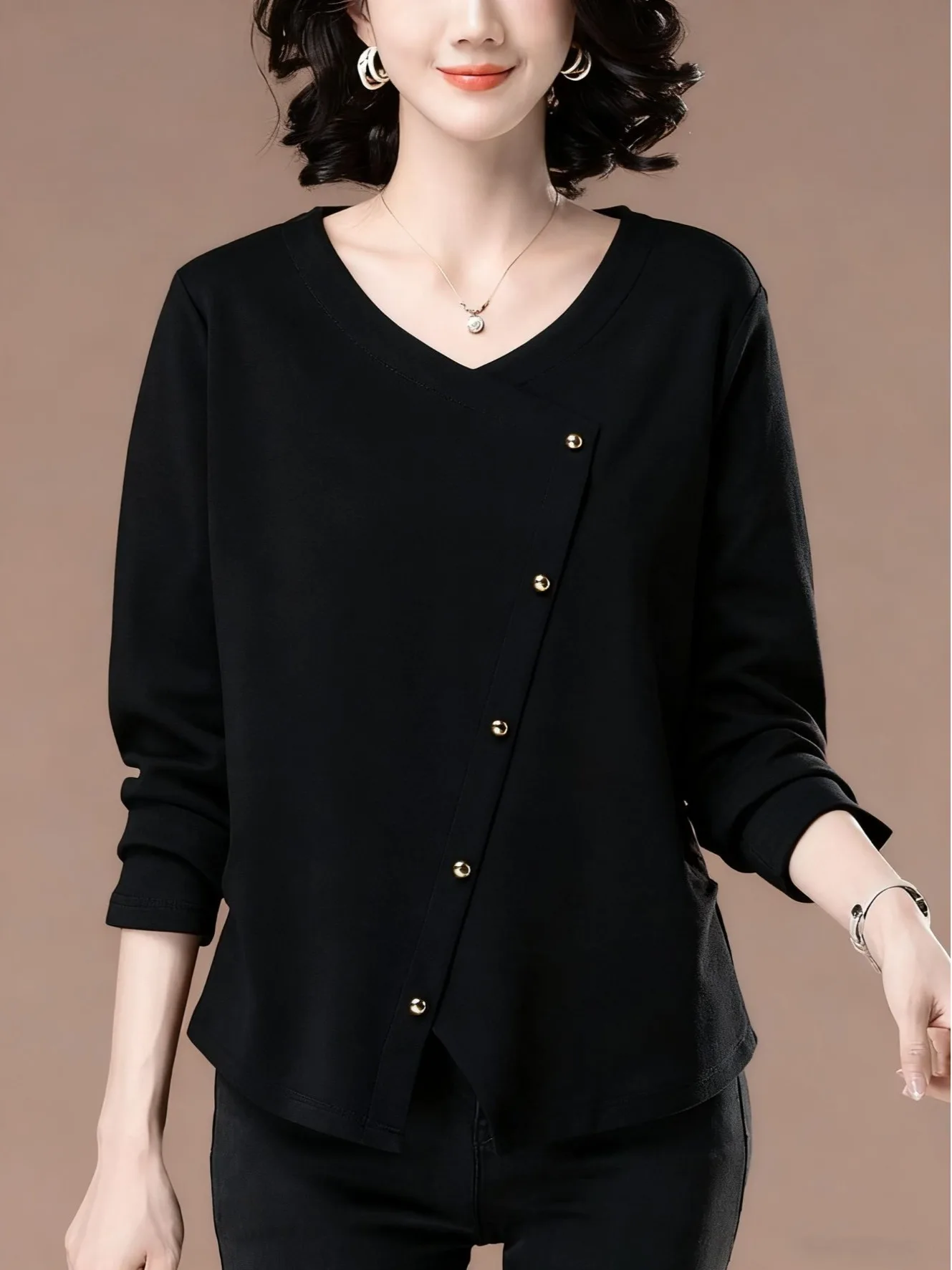 T-shirt lunga ampia Sve V-Ne plus Size Faion da donna Autunno Top Pancia che nasconde il strato base dimagrante irt