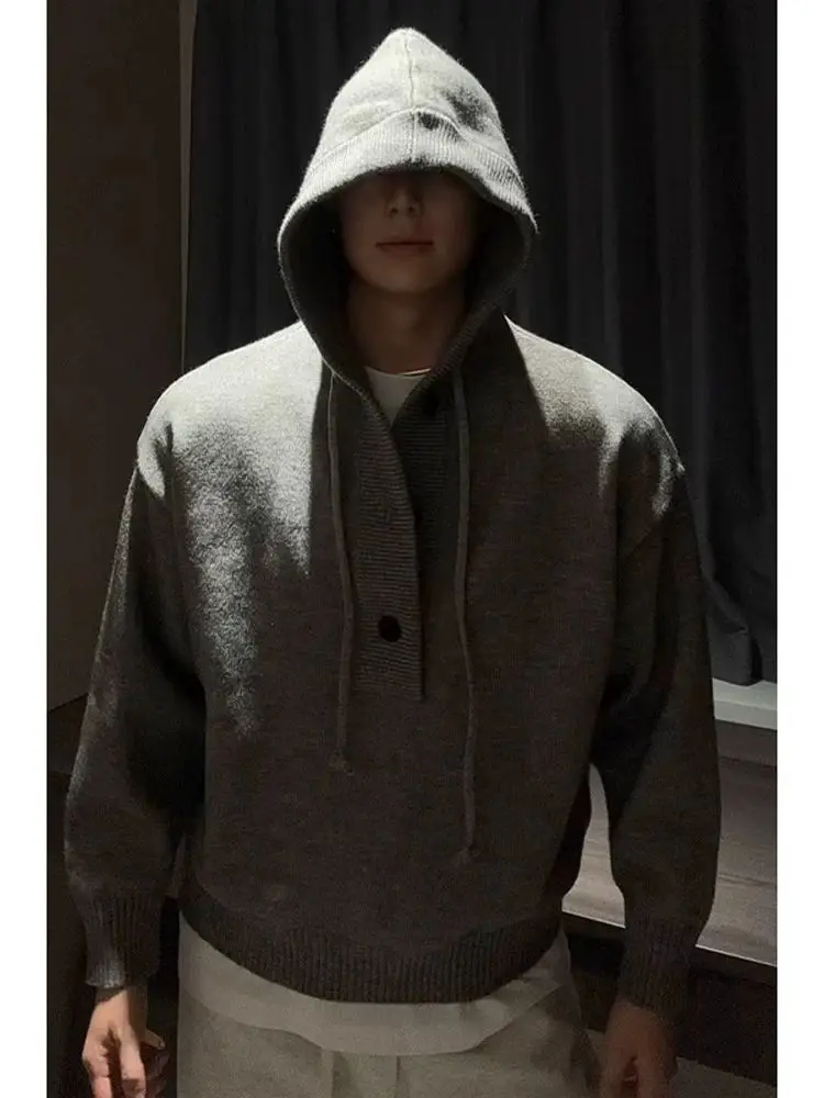 アメリカンクリーンフィットグレーフード付きセーターメンズ秋冬怠惰なハイエンドでハンサムなニットセータートレンディなブランドジャケット