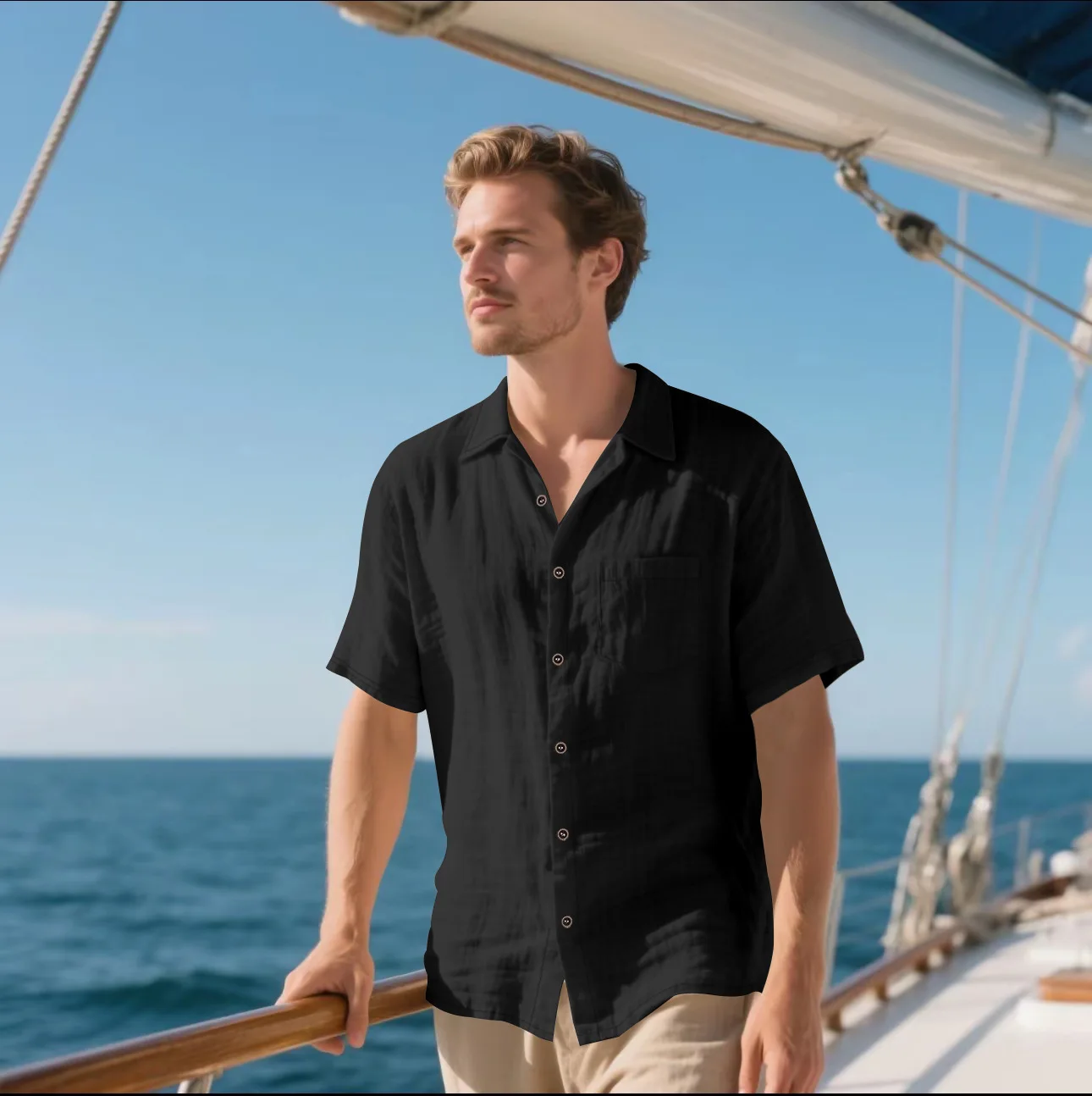 New styles for men in summer 2025: linen short-sleeved shirt, fashionable and casual, solid color lapel cardigan, button tops
