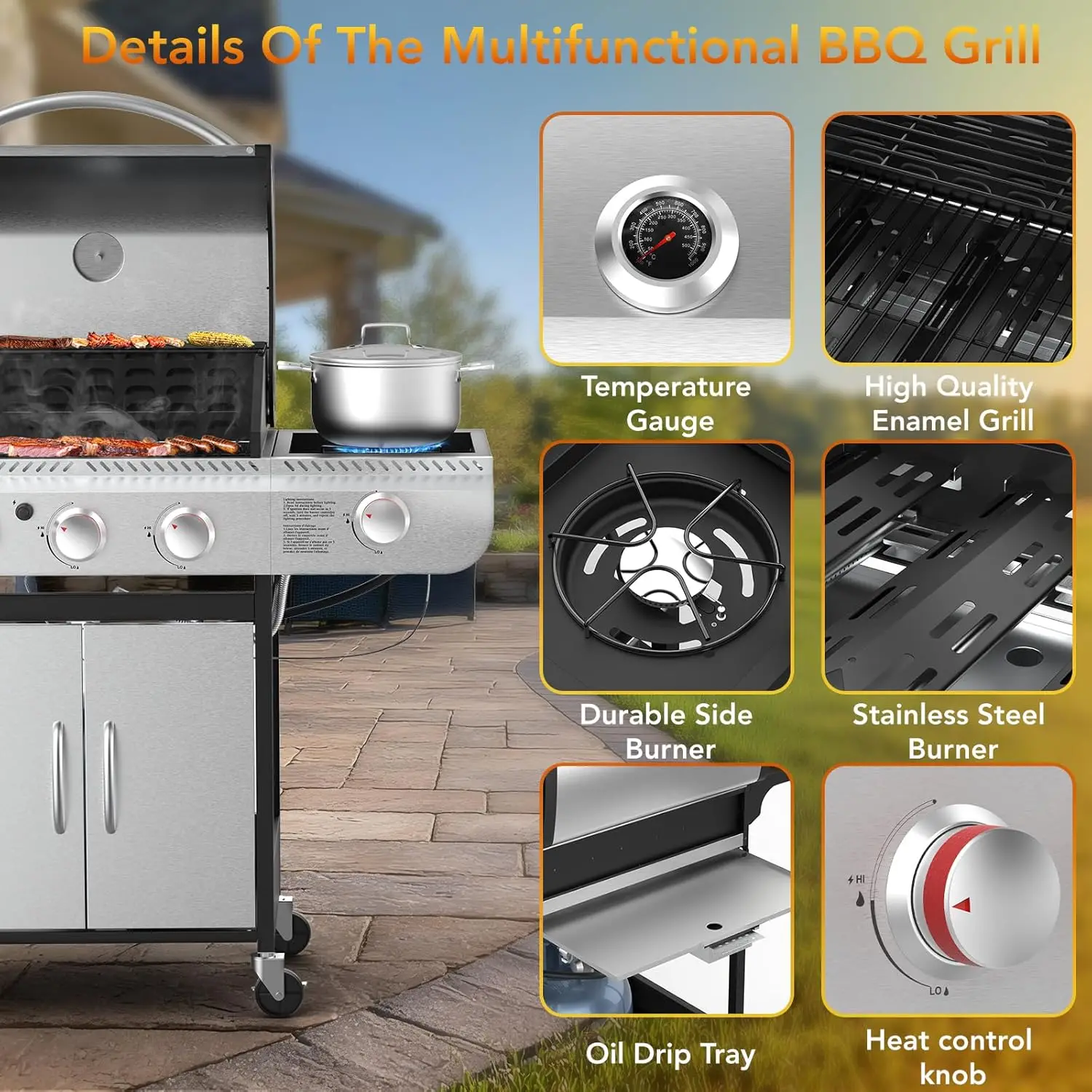 3-Burner Propane Gas Grill with Side Burner,Stainless Steel BBQ Grill with Porcelain-Enameled Cast Iron Grates