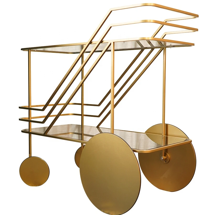 Mobile Tempered Glass Dining Cart Metal Side Cabinet with Wheels Restaurant Storage Rack Double Bar Cart