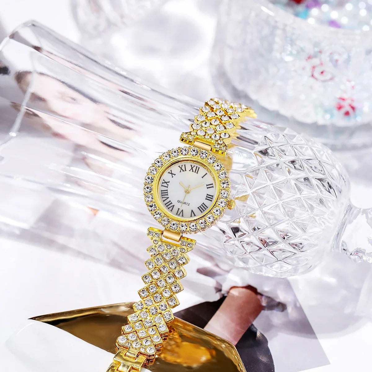 6PCS/Set Fashion Rhinestone Women\'s Watch Female Steel Band Analog Quartz Watches Diamond Jewelry Set(Without Box)