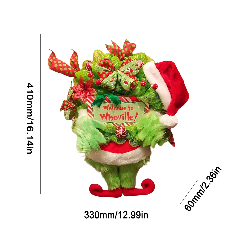 Grinch Christmas Wreath Plush Green Hairy Monster Hanging Ornament Plush Grinch Leg Wreath Door Hanging New Year Decoration