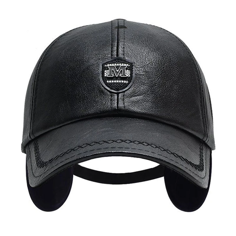 Hat Men's Autumn and Winter Leather Hat Ear Fleece Lined Padded Warm Keeping Baseball Cap Back Sealing Elastic