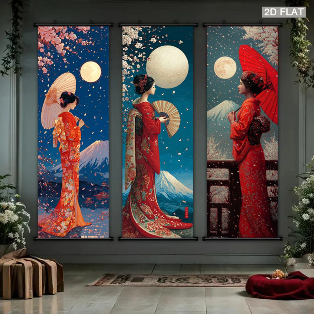 Kimono Girl Mount Fuji Tapestry, Cherry Blossom Wall Scroll, Japanese Beauty Fabric Poster, Living Room Wall Hanging Decor