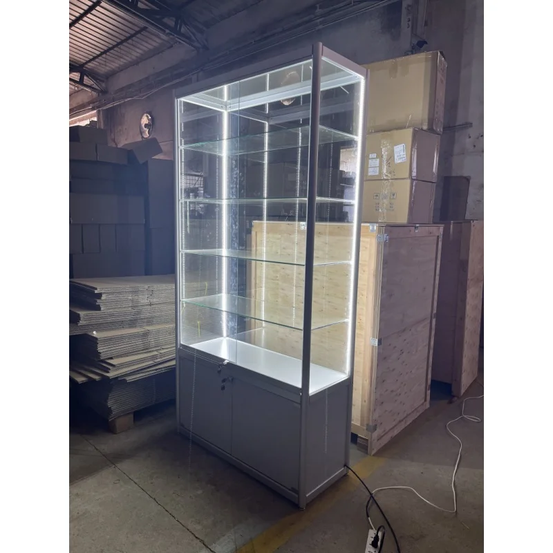 Custom Aluminium Frame Groot Glas Display Vitrine Verstelbare Glazen Planken Vergrendeling Kast Display Met Led Verlichting