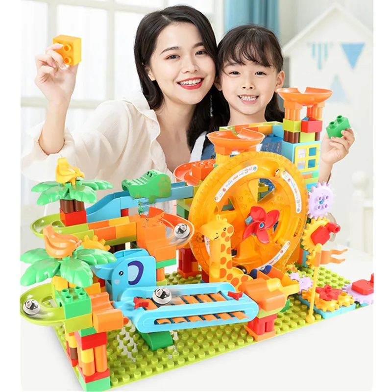 Marble Run Rolling Ball Pop Car Rotated Plane Roller Coaster Windmill Wheel Hole Slide Track Parts Compatible Building Block Toy