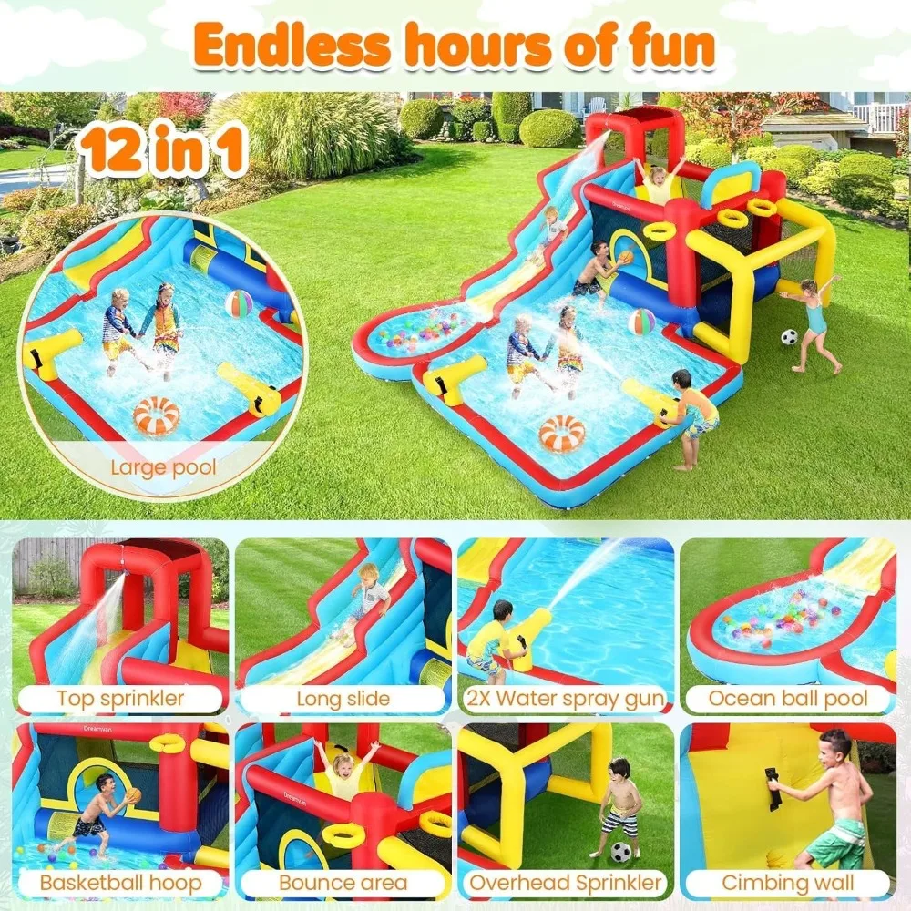 Inflatable Water Slide Bounce House 13 in 1 Waterfall Waves Mega Water Slides Park |Large Water Bounce House