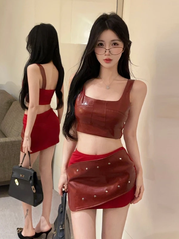 

Sexy ort PU Leather Skirt And Top Set Low Waist Splice Bodycon Club Night Outfit Faionable Two-Piece Suit for Women
