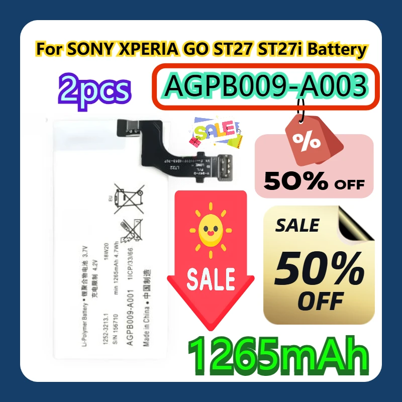 

For SONY AGPB009-A003 SONY XPERIA GO ST27 ST27i 1265mAh Battery 2pcs