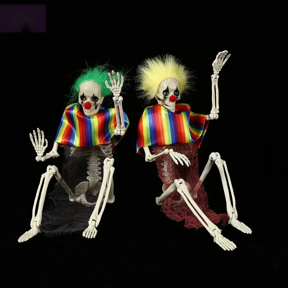 

Creepy Skeleton Clown Halloween Decoration, Colorful Hair And Rainbow Costume Skeleton Prop For Haunted House Scene Setup
