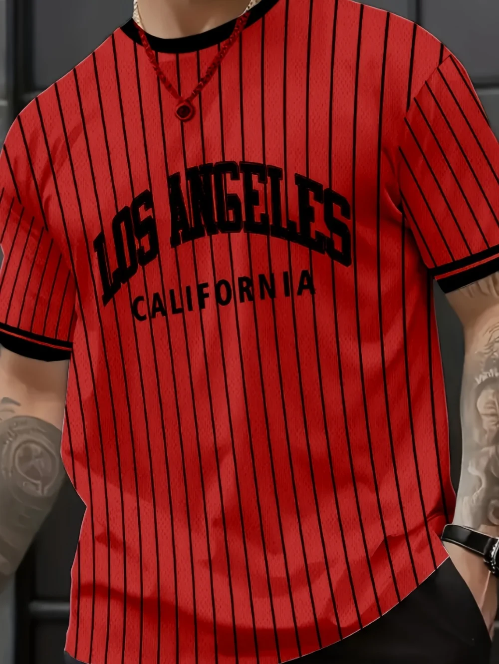 Men's T-Shirt Los Angeles Printed Striped T-Shirt Men's Casual Street Vintage Style Sporty O-Neck Tee Casual Short Sleeve Tops