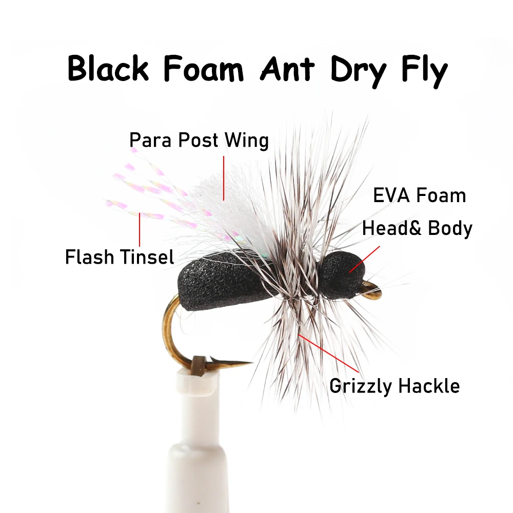 Wifreo 6pcs Black Foam Grizzly Hackle Ant Fly Floating Dry Flies Lake River Stream Fishing Artificial Insects Lure