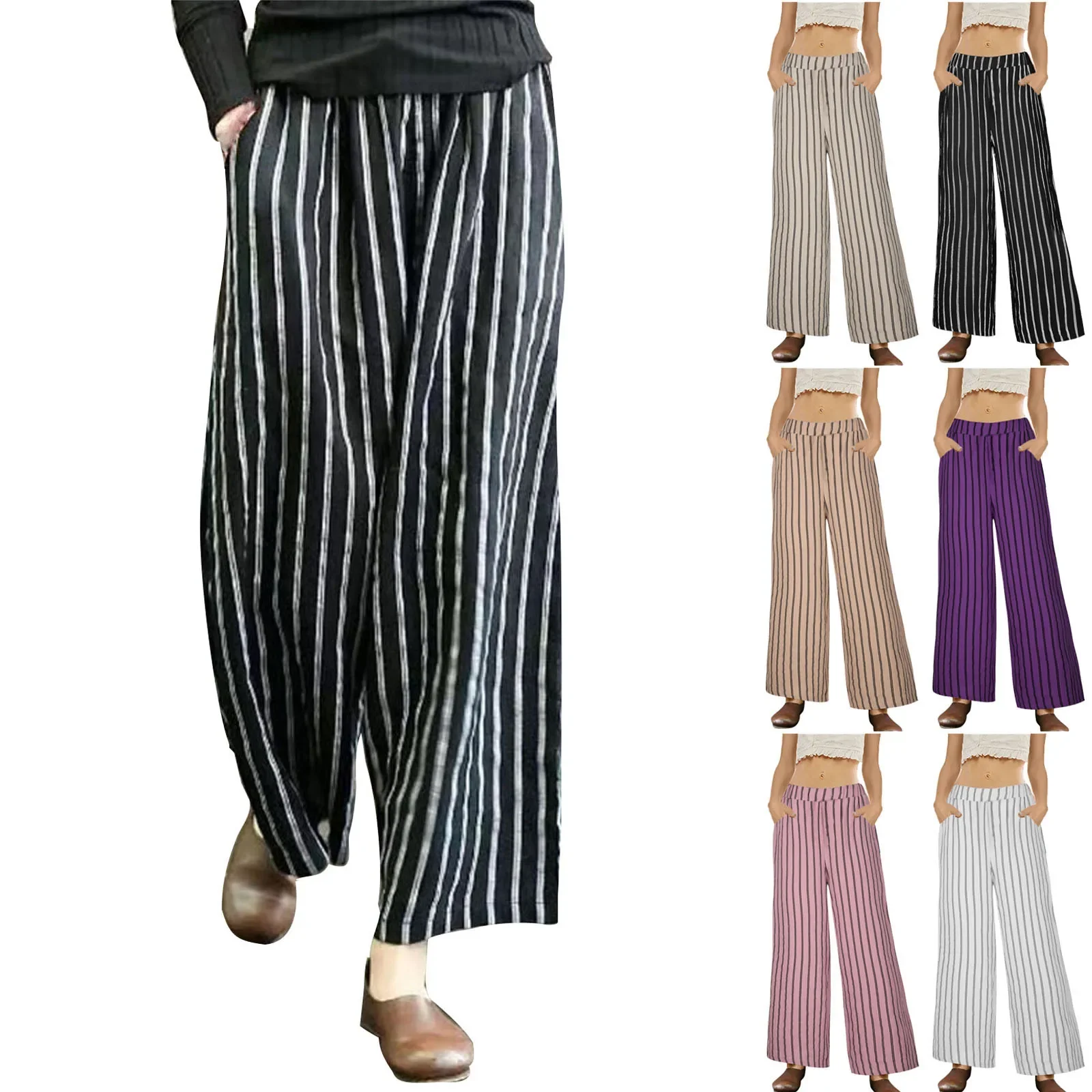 2023 Amazon Vintage Cotton Linen Striped Bell Bottoms Women's Slimming Draped Casual Straight-leg Cropped Pants Summer Style