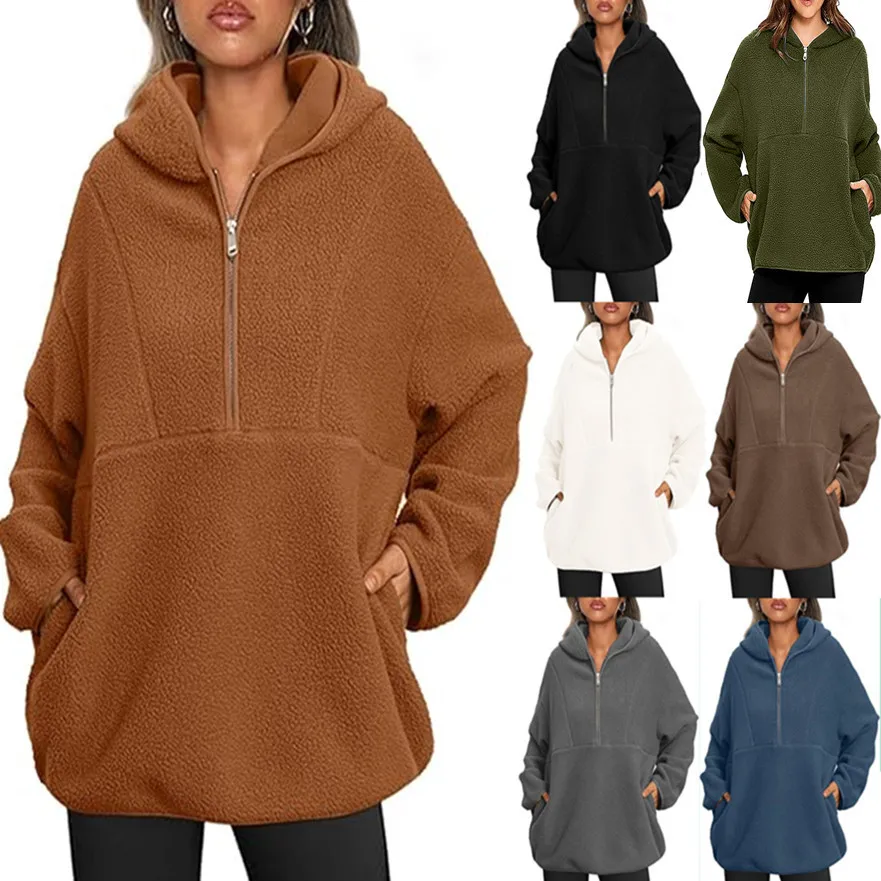 2025 Women's Quarter Zip Plush Lamb Fleece Hoodie Sweatshirt Pullover Winter Clothing