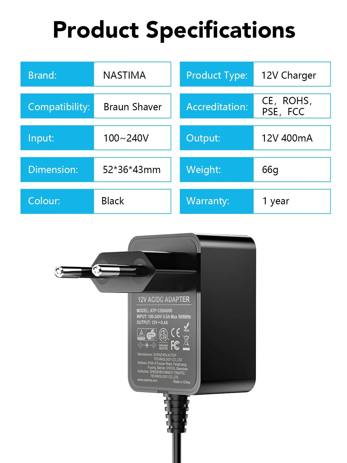 Зарядное устройство для бритвы NASTIMA Borang, для силовых линий Borang 1 3 5 6 7 8 9, 12V 0.4A, совместимое с бритвой Borang S3 S6 S7 S8 S5 S9 S1, бритвой 3040s 310s 340S, 5190cc 5040s, 740S 7865 9290cc 9095cc