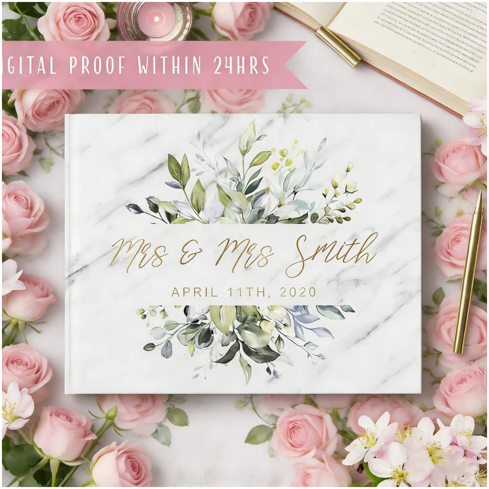 personalized-greenery-horizontal-wedding-guest-book-calligraphy-names-hardcover-marbled-album-gb013-custom-marbled-hardcover-w