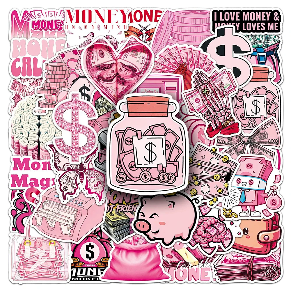 10/30/50pcs Cartoon Pink Dollar Sign Stickers Cute Money Graffiti Decals Water Bottle Phone Guitar Bike Waterproof Sticker Pack