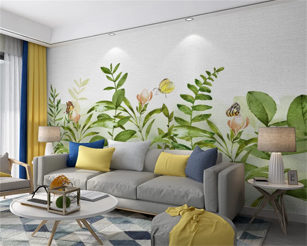 

Custom wallpaper Nordic hand-painted small fresh tropical plants living room bedroom sofa background wall home decor mural
