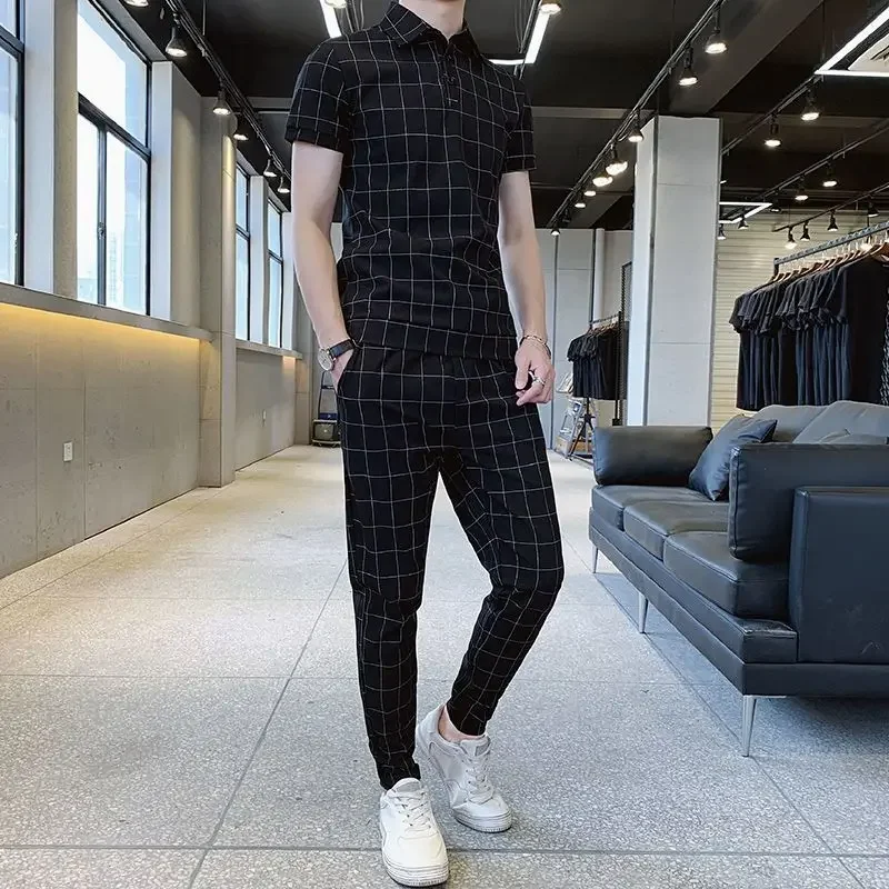 

Nylon T-shirts Pants Suits for Men Black Plaid New in Matching Slim Fit Luxury Korean Two Piece Set Style 2025 Man Trousers Sets