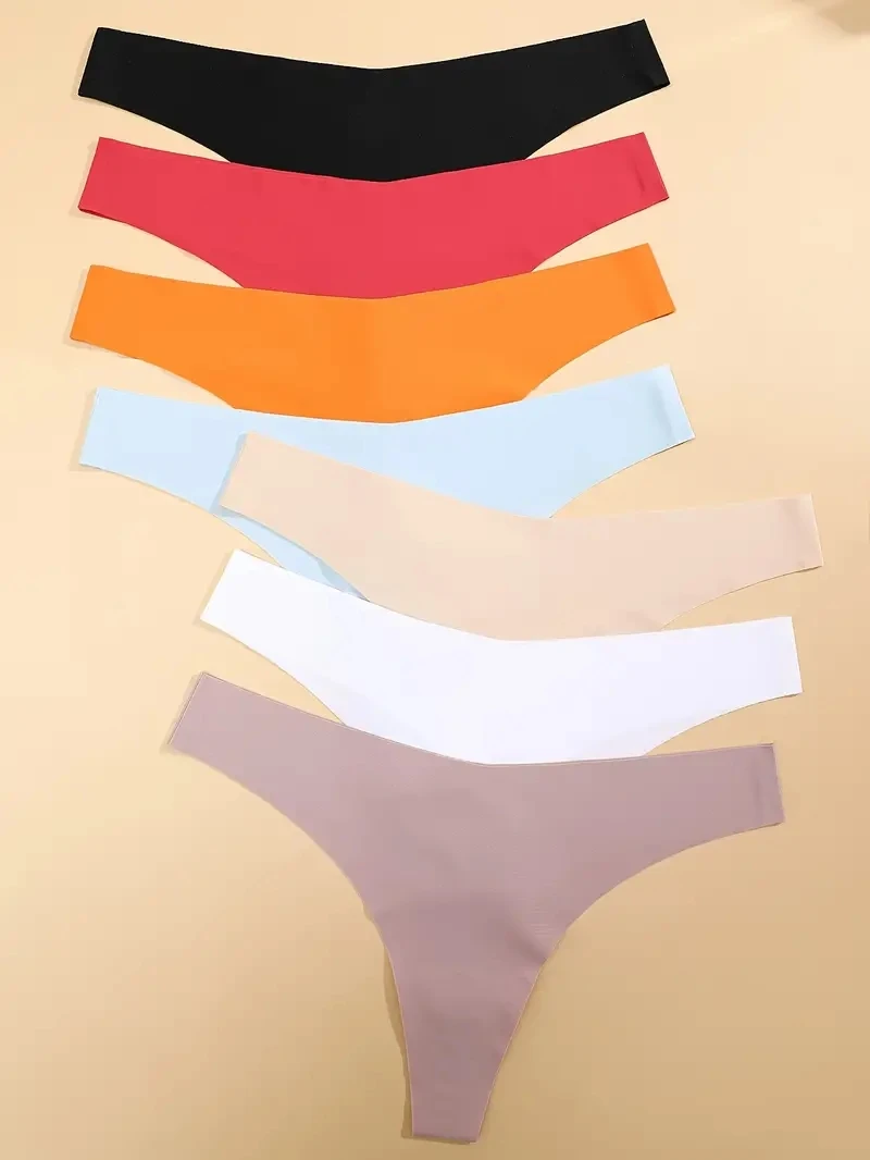 7Pcs Women Ice Silk Seamless Underpants Panties Sexy V-Waist Sport Thongs Low Rise 10 Soild Colours Breathable G-strings XS-XL