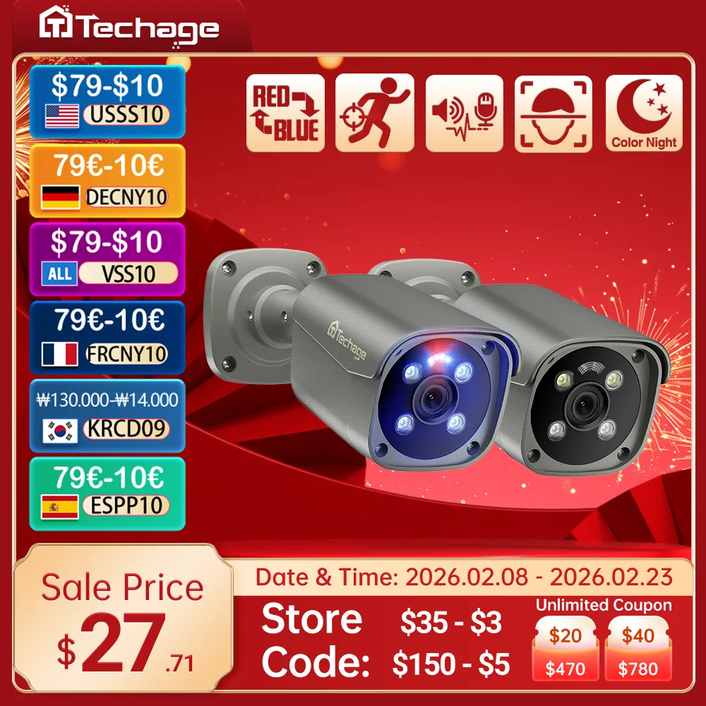 

Techage UHD 4K 8MP 5MP Security POE Camera Smart AI Human Detect Outdoor Two-way Audio IP Camera CCTV Surveillance Color Night