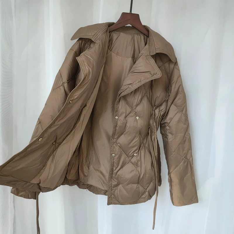 Schinteon Women White Duck Down Double Breasted Jacket Argyle Autumn Winter Outwear Office Lady Turn-down Collar Slim Coat 2026