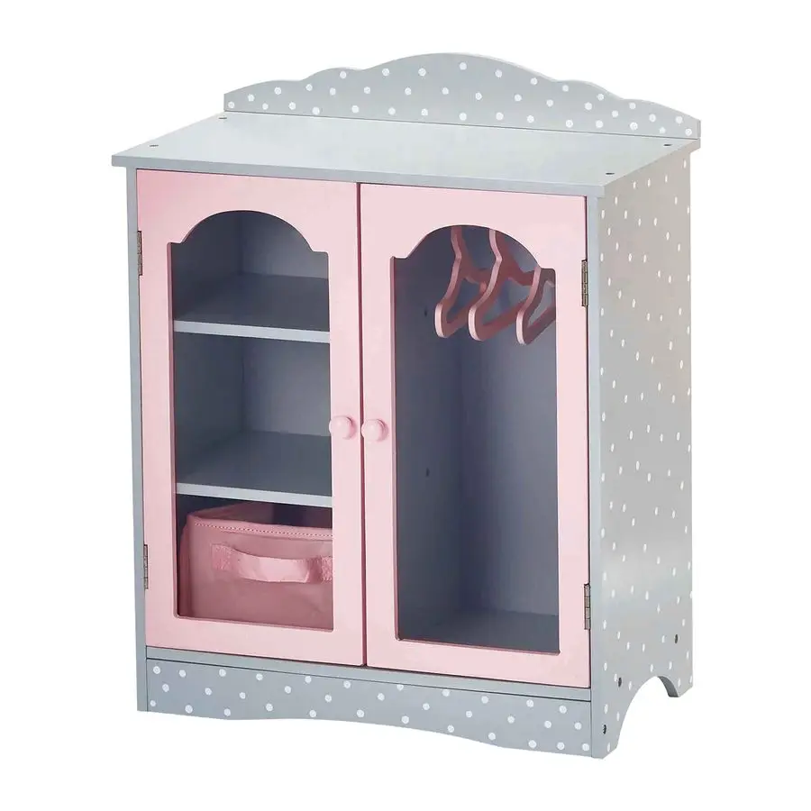 

Little World Polka Dot Princess Wooden ShakerStyle Double Closet for 18 Doll Wardrobes with Windowed Doors, Three Shelves, Hangi
