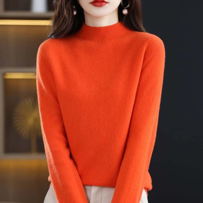 100% merino wool cashmere sweater women\'s sweater semi-high-necked long-sleeved pullover warm pullover in autumn and winter