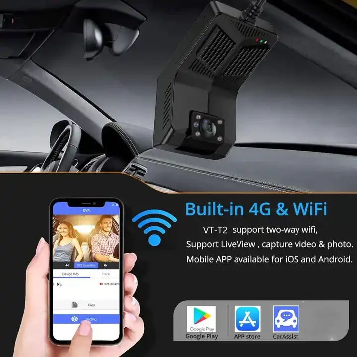 กล้องติดรถ HD T2กล้องติดรถขนาดเล็กเลนส์คู่1080P พร้อม WiFi GPS และการเชื่อมต่อ4G GSM หน้าจอ LCD ความละเอียด720P