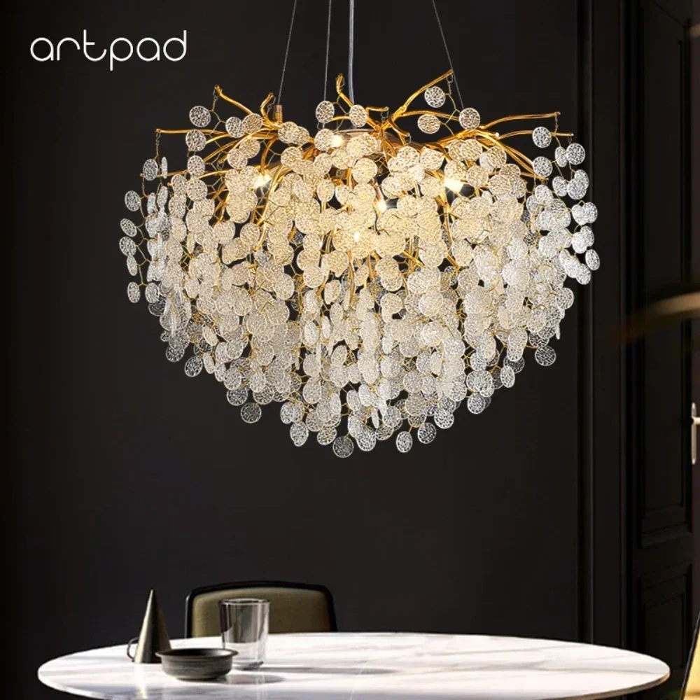 Artpad Modern Luxury Long Crystal Chandelier Chandeliers Gold Hanging Pendant Light Fixture for Kitchen Island Living Room