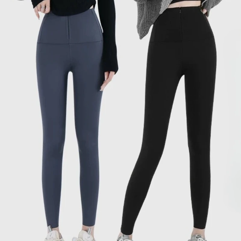 Autumn Winter Women's Zipper Cinching High Waisted Tight Fitting Hip Lifting Shark Pants Plush Thick Leggings Female Clothing