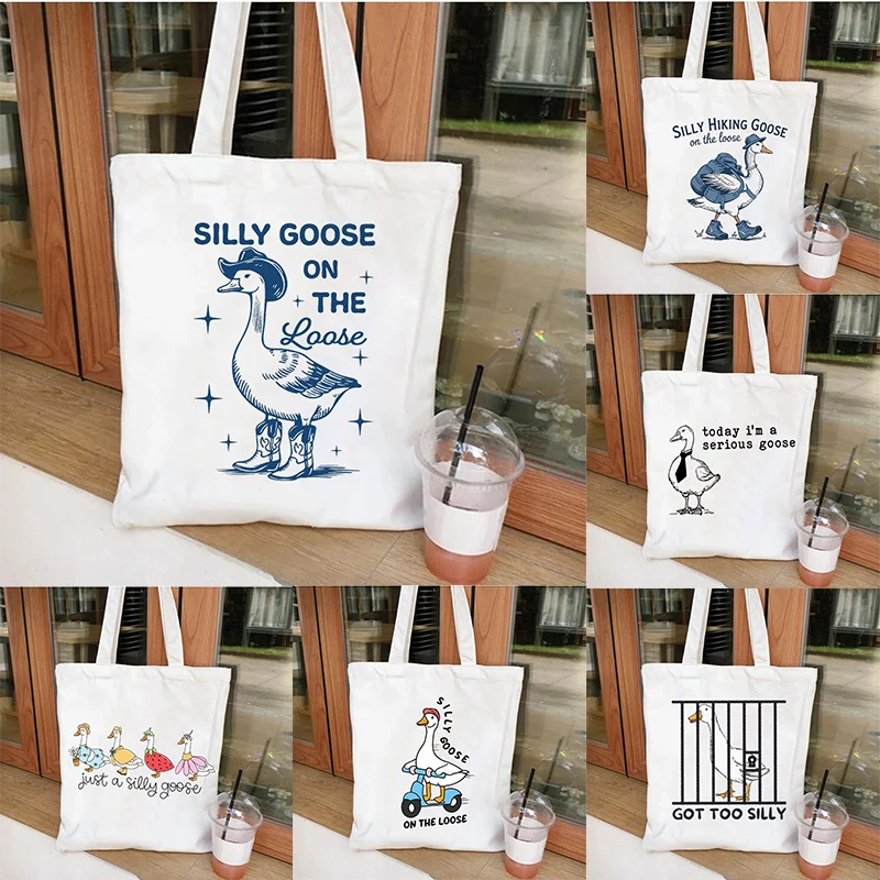 

Silly Goose on The Loose Retro Canvas Tote Bag Women Men Reusable Shopper Bag Harajuku Fashion Goose Shoulder Tote Handbags