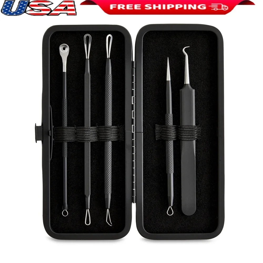 مجموعة أدوات إزالة حب الشباب 5 أدوات جراحية من الفولاذ المقاوم للصدأ مستخرج الرؤوس السوداء كوميدون علبة ألومنيوم محمولة للعناية بحب الشباب