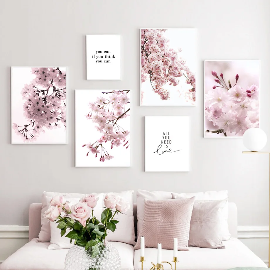 Cherry Blossoms Pink Flower Quotes Nordic Posters And Prints Canvas Painting Wall Art Pictures For Living Room Home Decor