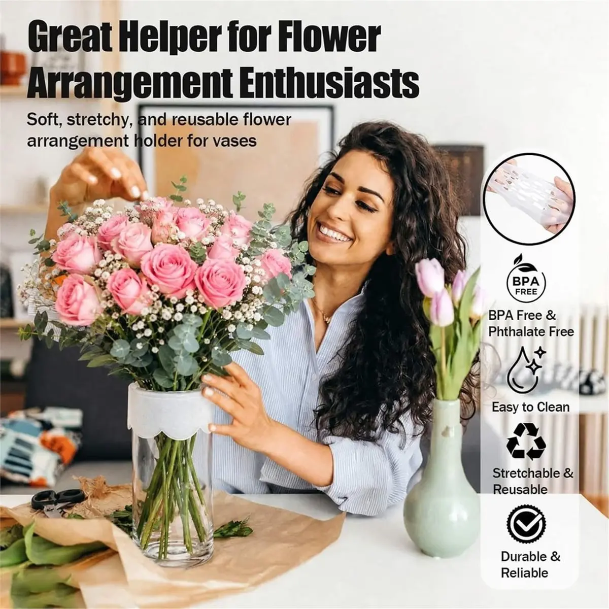 2 Pack Silicone Flower Arranging Grid, Reusable Vase Grid Flexible Silicone Grid Keeps Stems Evenly Spaced