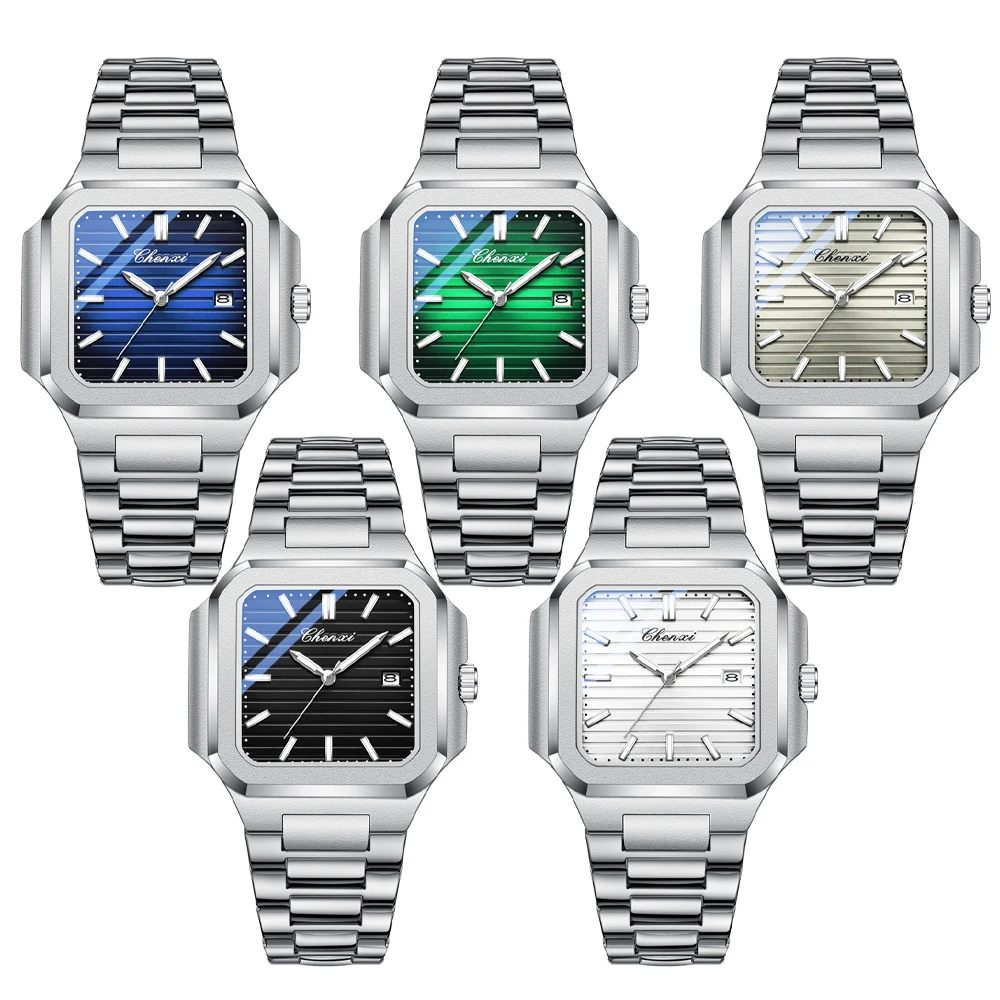 CHENXI Luxe Vierkant Quartz Man Horloge Heren Horloges Waterdicht Lichtgevende Datum Week Roestvrij Staal Herenhorloge Mannelijk