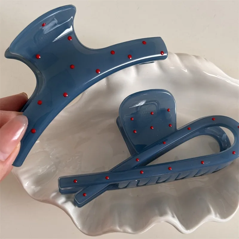 Fog blue red polka dot grab clip French high-end sense niche design sense sweet back head hair disc shark clip hair accessories image 2