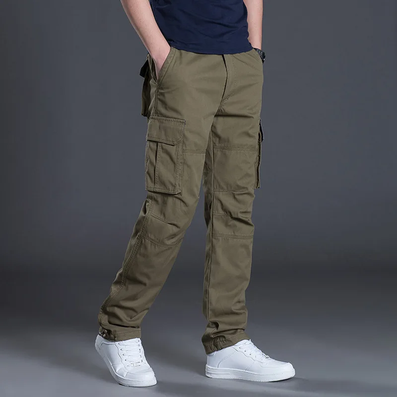 Men's 100% Cotton Cargo Pants, Loose Straight Fit, Multi-Pocket Casual Thick Wear-Resistant Work Trousers for Spring & Autumn