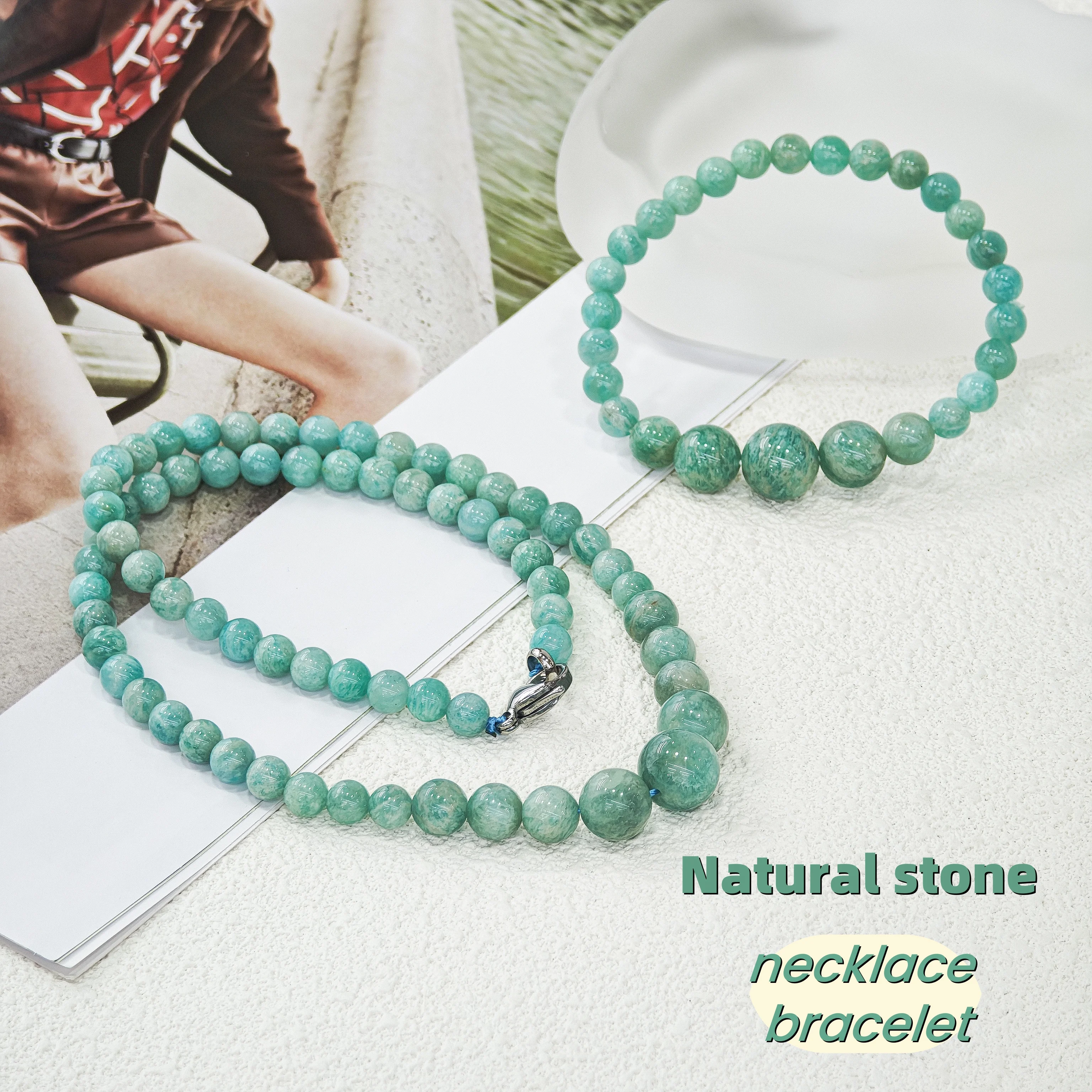 Lecter Store Unique handmade green natural stone necklace bracelet pendant, round women's jewelry gift set accessories