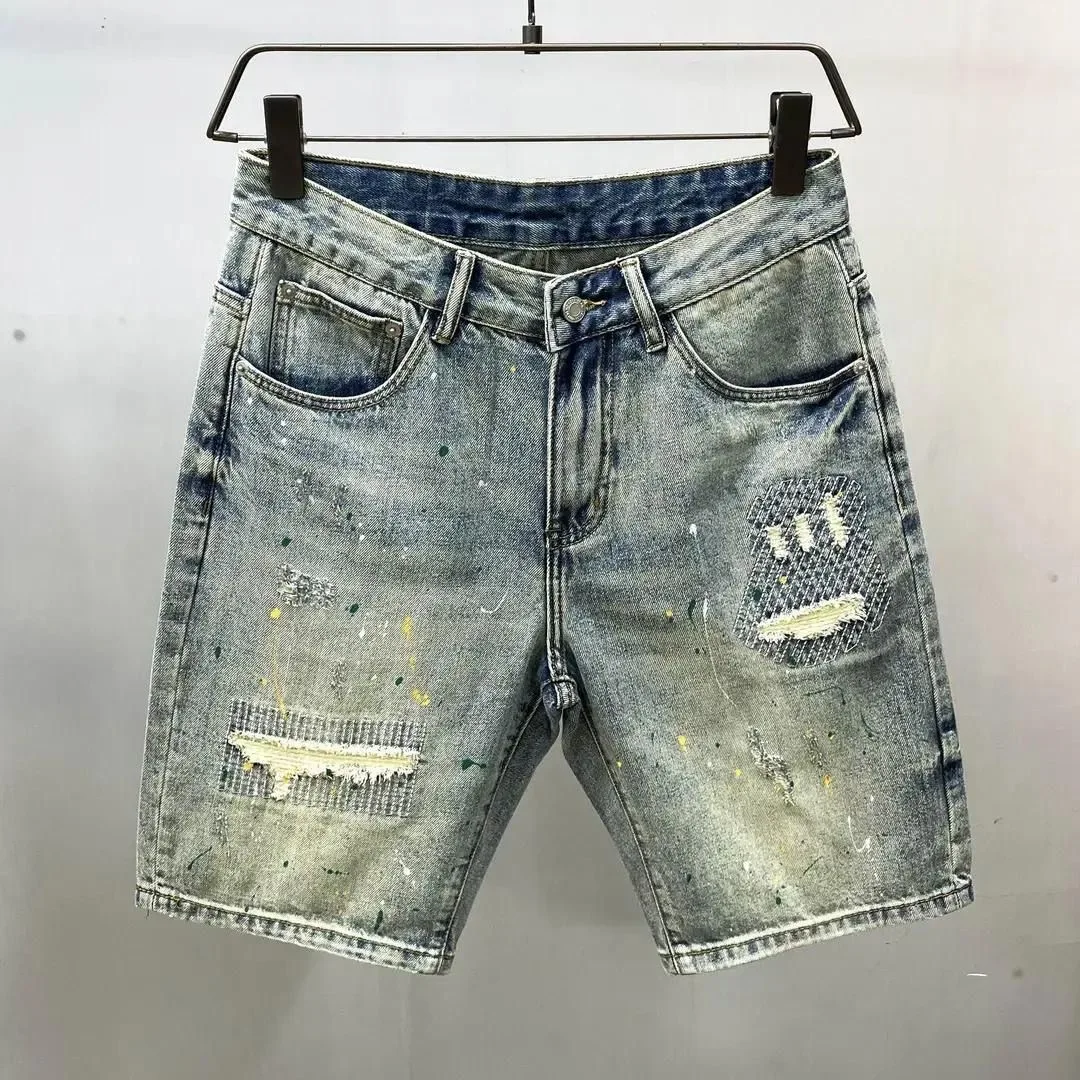 

Summer New Fashion Trend Ripped Straight Leg Elastic Denim Shorts For Men's Casual Loose Retro Sports High-Quality Jeans 28-36