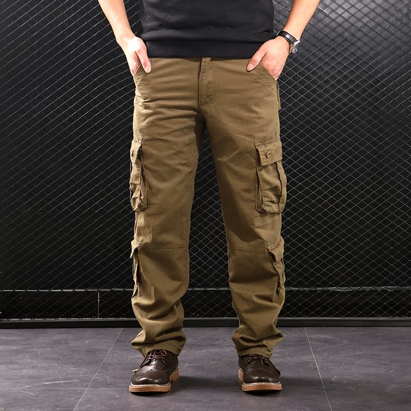2024 New Men's Cargo Pants Fashion Multi-Pocket Cotton Overalls Combat Loose Slacks Trousers Man Army Green Straight Work Pants