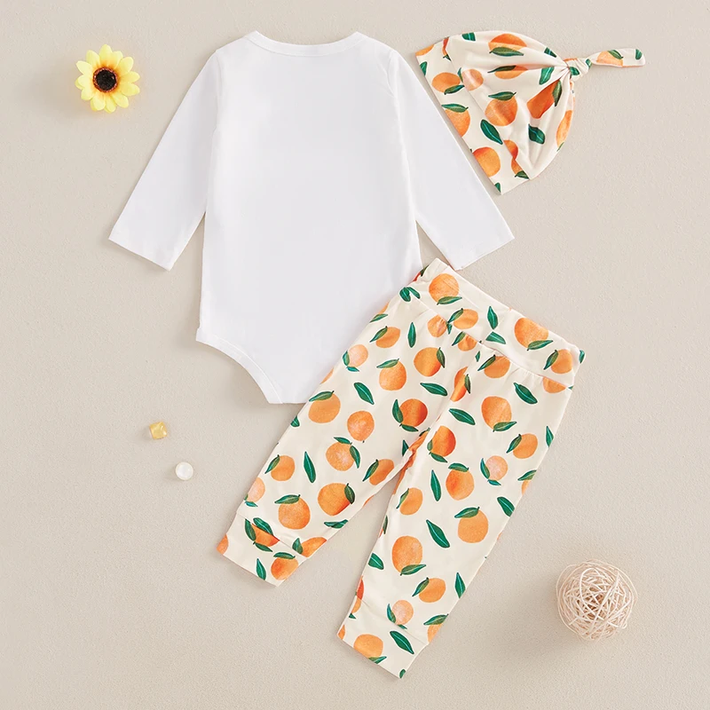 Babykleding Meisjes 2-delige herfstoutfits Romper met lange mouwen + oranje printbroek + topknoophoed Set pasgeboren kleding