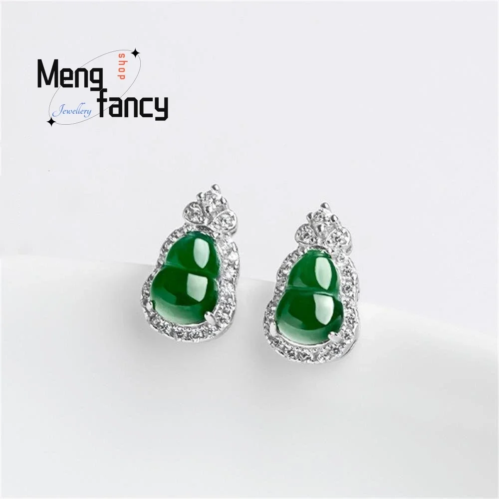 S925 Silver Inlaid Natural A-goods Jadeite Gourd Sunny Green Ice Jade Earrings Exquisite Charms Sexy Young Girls Fashion Jewelry