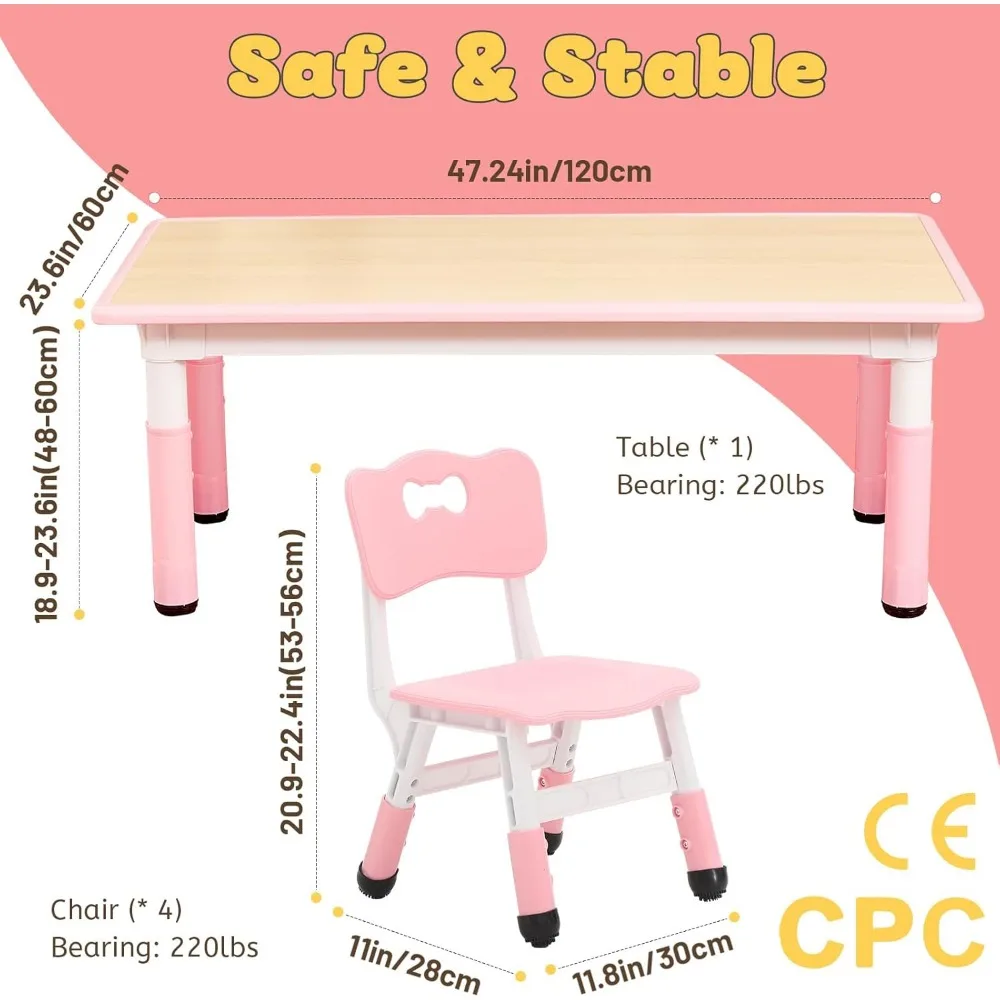 Kids Table and 4 Chairs Set for Ages 3-8, Height Adjustable Toddler Table and Chair Set, Easy to Wipe Arts & Crafts Table