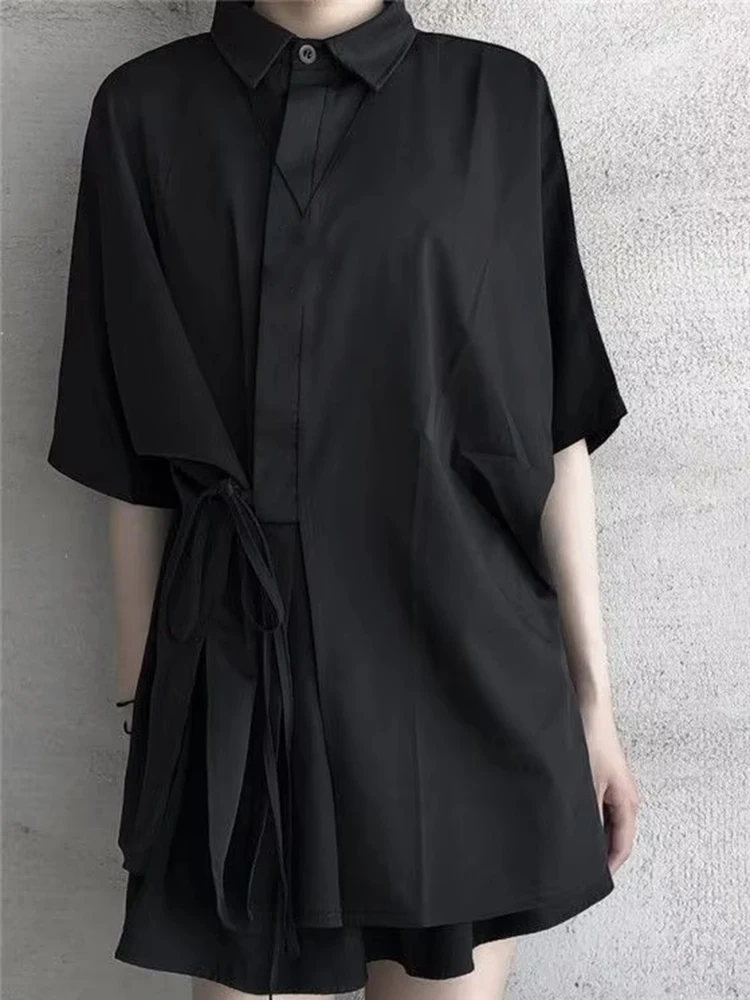 

Japanese Y2k Dark Academia Clothes Lace Up Loose Short Sleeve Shirt Women 2025 Early Autumn New All-match Black Blouses