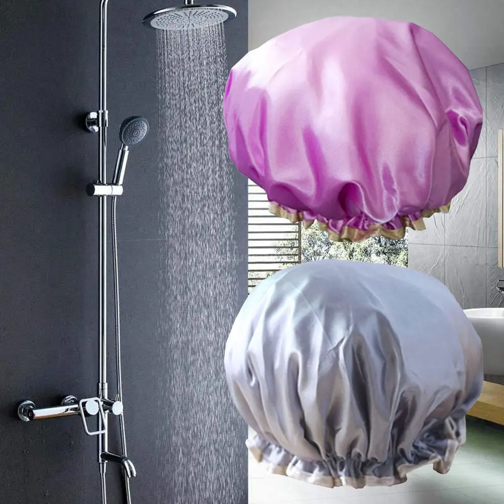 

2Pcs Waterproof Dustproof Shower Cap Grey Bathing Hat Salon Hair Protection Travel Foldable Lightweight Non Disposable